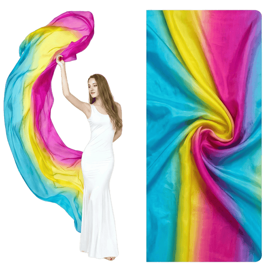 Rose red yellow and lake blue gradient hand-dyed silk veil