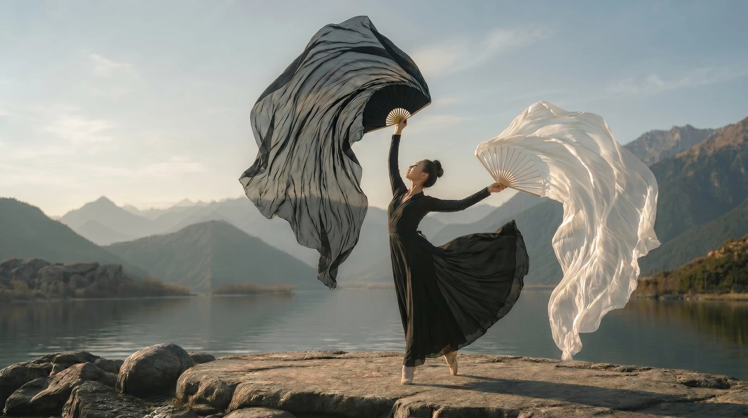 Hand-dyed silk moving through the air